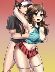 1boy 1girls ahoge arm_up baseball_cap blush bottomless breast_grab breasts brown_eyes brown_hair female green_(pokemon) hat highres leaf_(pokemon) leonart long_brown_hair long_hair male midriff miniskirt nipples one_breast_out open_mouth panties panties_down pokemon pokemon_frlg pussy_juice red_(pokemon) saliva shirt_pull short_hair skirt smile straight tongue_out waist_grab