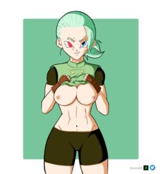 1girls abdomen alien_girl bardock big_breasts black_shorts blue_eye breast breasts breasts_out cerealian dragon_ball dragon_ball_super female green_hair green_shirt milf muezli nipples pov pov_male reciodb red_eye shirt_lift shirt_up showing_breasts solo topless