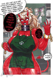 1girls apron apron_only areola_slip big_breasts blonde_hair chained_wrists collar dialogue english_text esho extasis_(esho) female female_only iced_latte_with_breast_milk long_hair looking_at_viewer meme nude nude_female oni oni_horns ponytail red_skin sideboob smug solo solo_female speech_bubble starbucks tail talking_to_viewer thick_thighs waitress wide_hips