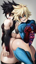 2boys ass ass_to_ass big_ass big_butt black_hair blonde_hair blue_eyes eye_contact femboy femboy_on_femboy girly huge_ass kingdom_hearts large_ass looking_at_viewer male male_only noblood short_hair standing thick_ass thick_thighs thighhighs thighs unversed vanitas ventus ventus_(kingdom_hearts) wide_hips yellow_eyes