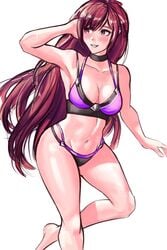 1girls arm_up armpit bare_arms bare_legs bare_midriff bare_shoulders bare_thighs belly big_breasts bikini bikini_bottom bikini_top blush blushing breasts cherche_(fire_emblem) cleavage female female_only fire_emblem fire_emblem_awakening hand_in_hair hand_on_head human human_only jackary_draws large_breasts light-skinned_female light_skin long_hair looking_to_the_side midriff navel nintendo purple_bikini purple_bikini_bottom purple_bikini_top purple_swimsuit smile smiling solo solo_female stomach swimsuit thighs toned toned_female white_background