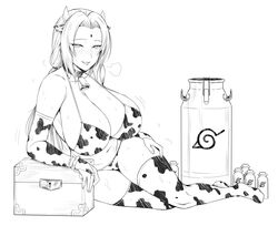 1girls animal_ears animal_print arm_support bell bikini blush bottle bovine breasts cleavage cow_bikini cow_ears cow_girl cow_horns cow_print cowbell greyscale highres horns huge_breasts long_hair looking_at_viewer mature_female milk_bottle monochrome naruto naruto_(series) naruto_shippuden parted_lips print_bikini seductive_smile sitting smile solo swimsuit tsunade white_background yakimi_27