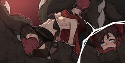 1girls 2boys areolae beowolf_(rwby) big_breasts big_penis blowjob breasts choker clothed_sex fellatio female grimm_(rwby) huge_cock humanoid interspecies knot knotted_humanoid_penis large_penis larger_male monster multiple_boys nipples oral penis rape ripped_clothing ripped_pants ruby_rose rwby scarf sex short_hair shuuko size_difference spitroast vaginal_penetration vaginal_sex veiny_penis