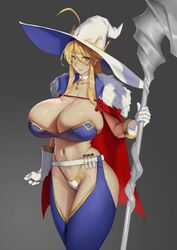 1girls 2021 ahoge artoria_pendragon artoria_pendragon_(lancer) barely_clothed barely_contained blonde_hair blue_clothing breasts cape cleavage eu03 fate/grand_order fate_(series) female female_focus female_only green_eyes halloween hat hips holding_object huge_breasts large_hat mature_female medium_hair simple_background slim_waist staff thick_thighs thighs weapon wide_hips witch witch_costume witch_hat