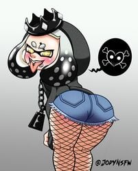 ass booty_shorts fishnet_legwear fishnets goth goth_girl hoodie inkling jodyinkfist looking_at_viewer looking_back nintendo pearl_(splatoon) piercings solo solo_female splatoon streetwear tongue_out tongue_piercing