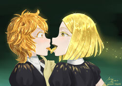 androgynous finger_on_chin glowing_hair green_background hertro humanoid land_of_the_lustrous light_particles light_skin looking_at_each_other looking_at_partner orange_eyes orange_tongue pseudo_hair shocked short_hair simple_background suit tie tongue tongue_out tongue_to_tongue yellow_diamond_(land_of_the_lustrous) yellow_eyes yellow_tongue zircon_(land_of_the_lustrous)