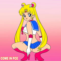 1girls anaconda_(song) anaconda_pose artist_request ass back_view bishoujo_senshi_sailor_moon blonde_hair clothing female female_only from_behind full_body gradient_background high_heel_boots long_hair looking_at_viewer looking_back meme microskirt midriff rear_view revealing_clothes sailor_collar sailor_moon simple_background skirt small_breasts smile solo squatting tagme twintails usagi_tsukino