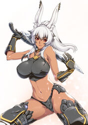 animal_ears armor bare_shoulders breasts bunny_ears covered_nipples ebido female female_only final_fantasy final_fantasy_xiv gloves hair_between_eyes highres holding_weapon large_breasts long_hair looking_at_viewer midriff navel ponytail red_eyes silver_hair skimpy_armor smile solo solo_female sword thighhighs viera white_background