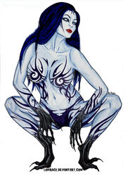 barefoot big_breasts bloodrayne blue_body blue_hair blue_skin breasts dark_blue_hair ferril large_breasts markings monster_girl naked nude nude_female pale-skinned_female pale_skin sharp_claws squatting tattoo tattoos vampire