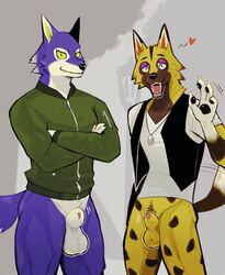 2021 2boys absurd_res animal_crossing animal_genitalia animal_penis anthro balls bottomless canid canine canine_penis canis casual_exposure closed_eyes clothed clothing crossed_arms dog_tags duo fully_sheathed fur genitals gesture grey_background heart hi_res jacket k0bit0wani kyle_(animal_crossing) lobo_(animal_crossing) looking_at_viewer male male_only mammal nintendo open_clothing open_mouth open_smile open_topwear open_vest outside penis penis_tip plant sheath shirt simple_background smile standing teeth tongue topwear tree tuft vest video_games waving wolf