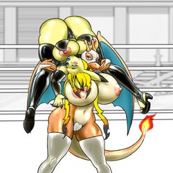 absurd_res anthro anthro_on_anthro big_breasts breasts charizard female female/female hellbridge hi_res huge_breasts kara_(dandarkheart) kinniku_buster mask nintendo pikachu pokémon_(species) pokemon pokemon_(species) pussy_tape video_games wrestling yuri