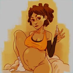 baskup big_breasts brown_hair dark_skin drawthread_request female hairless_pussy latina mia_rodriguez pregnancy_test pregnant pussy redlever stretched_clothing vulva