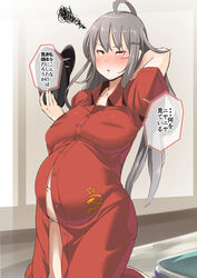 ahoge angry annoyed big_breasts blush clothing dialogue dress embarrassed facial_scar female female_only gangut_(kantai_collection) grey_hair hairclip hat_removed kantai_collection kneeling long_dress long_hair looking_at_viewer open_clothes pregnant ryuun_(stiil) scar solo sweatdrop translated unbuttoned yellow_eyes