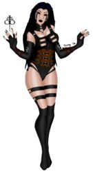 black_hair bloodrayne ephemera long_hair pale-skinned_female pale_skin partially_clothed skin_tight skin_tight_suit straps vampire