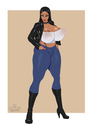 1girls 2021 areolae artist_name breasts brown_eyes dark-skinned_female dark_skin dated erect_nipples erect_nipples_under_clothes female female_only full_body huge_breasts looking_at_viewer nail_polish nipples rampage0118 red_nails solo solo_female thick_thighs wide_hips yubi_(rampage0118)