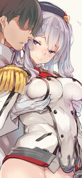 1boy 1girls admiral_(kantai_collection) blue_eyes bottomless breast_grab close-up female gloves grabbing_from_behind groping groping_from_behind kantai_collection kashima_(kantai_collection) looking_back male military_uniform sabaku_no_tanuki silver_hair smile twintails uniform white_gloves