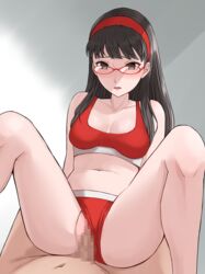 1boy 1girls amagi_yukiko black_hair censored cowgirl_position female glasses gym_clothes headband mosaic_censoring persona persona_4 pov r2pi sports_bra straight vaginal_penetration