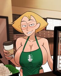 1girls apron blonde_hair disney disney_channel female female_focus female_only glasses green_apron holding_object huge_breasts human iced_latte_with_breast_milk j0xciv kim_possible lactating lactation lactation_through_clothes light-skinned_female light_skin looking_at_viewer mature_female meme milf mother mrs._stoppable naked naked_apron nipple_bulge pokies short_hair smiling smiling_at_viewer voluptuous