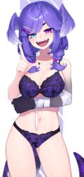 1girls belly_button big_breasts blush bra breasts dragon_girl dragon_tail eyebrows_visible_through_hair fangs front_view hair_wings heterochromia lingerie looking_at_viewer nijisanji nijisanji_en open_mouth panties purple_bra purple_lingerie purple_panties selen_tatsuki smug solo solo_female solo_focus tail teasing thighs twintails underwear underwear_only virtual_youtuber yoako