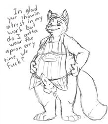 2016 animal_genitalia animal_penis anthro apron balls canid canine canine_penis clothing dialogue disney english_text erection fox genitals gideon_grey hi_res humanoid_hands izvy_(artist) male mammal naked_apron overweight overweight_male penis simple_background solo text white_background zootopia