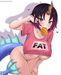 1girls 2021 areola_slip areolae artist_signature bare_legs black_hair blue_eyes blue_hair bottomless bottomless_female breasts dragon_girl dragon_horns dragon_tail eating elma_(dragon_maid) english_text erect_nipples female female_focus female_only food food_in_mouth hi_res horns huge_breasts large_areolae leaning_forward long_tail miss_kobayashi's_dragon_maid nipples noiretox object_in_mouth purple_hair shirt shirt_lift short_hair simple_background sweat sweaty_body tail text text_on_clothing thick_tail thick_thighs thighs two_tone_hair wet wet_body white_background