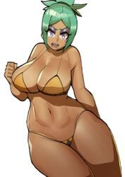 1girls big_breasts bikini breasts cerebella doublehero eye_contact female large_breasts lipstick long_hair looking_at_viewer micro_bikini skullgirls solo standing thick_thighs thighs thong white_background wide_hips