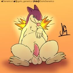 1:1 balls blep digital_media_(artwork) erection fire fur furry furry_only gatogenerico genitals hi_res looking_at_viewer male male_only mammal nintendo nude penis pokemon pokemon_(species) red_eyes shiny_pokémon simple_background smile solo tongue tongue_out typhlosion video_games