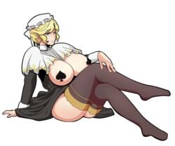 1girls big_breasts blonde_hair blue_eyes breasts caress caressing caressing_legs censored cleavage crossed_legs female female_focus female_only large_breasts leggings maid maid_headdress maid_outfit maid_uniform maria maria_(victoria_maid_maria_no_hoshi) sitting sitting_down thick_thighs thighhighs victoria_maid_maria_no_hoshi voluptuous