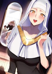 1girls 2boys ass_worship blush fate_(series) gold_(metal) gold_jewelry hidden implied_cunnilingus mirror nun rororo sesshouin_kiara sweat tagme