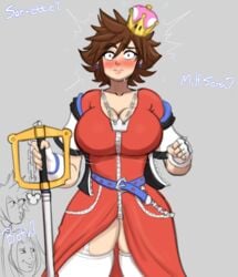 3boys absurd_res aged_up blue_eyes blush breasts brown_hair cleavage clothing cloud_strife crossdressing crossover crown disney doocen final_fantasy final_fantasy_vii genderbend genderswap girly gloves huge_breasts key keyblade kingdom_hearts male male_only male_with_breasts mario_(series) necklace new_super_mario_bros._u_deluxe pogchamp poggers rule_63 sephiroth sissy sora square_enix stockings super_crown surprised sweat thick_thighs thighhighs thighs trap wide_hips zipper