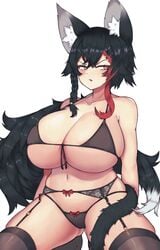 1girls animal_ear_fluff animal_ears ass_visible_through_thighs black_bra black_hair black_panties black_tail bow bow_panties bra braid breasts curvy front-tie_bra garter_belt garter_straps glaring highres hololive hololive_gamers hololive_japan huge_breasts kneeling multicolored_hair navel ookami_mio panties red_hair side_braid simple_background skindentation solo streaked_hair tail tentopus underwear virtual_youtuber white_background wolf_ears wolf_girl wolf_tail yellow_eyes