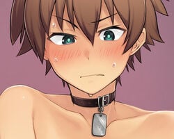 animal_ears blushing close-up collar dog_ears dog_girl dog_tags embarrassed kinu_(le) kono_subarashii_sekai_ni_shukufuku_wo! rule_63 satou_kazuma solo_male sweat