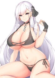 1girls 2020 absurdres arm_support azur_lane bangs bare_legs bare_shoulders belfast_(azur_lane) bikini black_bikini black_gloves black_ribbon braid breasts bridal_gauntlets broken broken_chain chains chixiao cleavage closed_mouth collar collarbone cross cross_earrings earrings eyebrows_visible_through_hair feet_out_of_frame female female female_focus female_only french_braid frilled_bikini frilled_gloves frills gloves groin hair_between_eyes hair_ribbon half-closed_eyes hand_up highres jewelry large_breasts long_hair looking_at_viewer maid midriff navel purple_eyes ribbon shiny shiny_skin side-tie_bikini sidelocks silver_hair sitting skindentation smile solo solo_female solo_focus stomach string_bikini swimsuit very_long_hair white_background white_hair yokozuwari