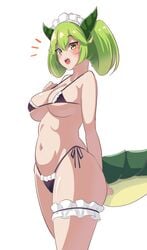 1girls :o black_clothing blush breasts dragon dragon_girl dragon_maid_archetype dragon_tail dragonmaid_luft dragonmaid_series_(yu-gi-oh!) eyebrows eyebrows_visible_through_hair female female_focus female_only green_hair horns humanoid konami leg_garter maid_headdress micro_bikini nanohana_(november.) navel parlor_dragonmaid scales standing surprised thick_thighs thighs white_background yellow_eyes yu-gi-oh!