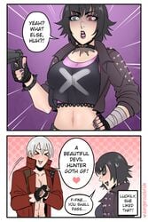 >_< 1boy 1girls black_hair black_lipstick black_nails blush capcom choker comic dangerousbride dante dante_(devil_may_cry) devil_may_cry devil_may_cry_3 dialogue english_text eyeshadow female fingerless_gloves funny goth green_eyes gun heart heterochromia hi_res jacket lady_(devil_may_cry) light-skinned_female light-skinned_male light_skin lipstick male medium_hair nail_polish red_eyes scar scar_across_nose speech_bubble tank_top white_hair