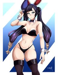 alternate_costume breasts bunny_ears female genshin_impact light-skinned_female light_skin mona_(genshin_impact) solo sonicheroxd thighhighs