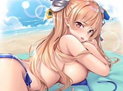 bangs beach big_breasts bikini bikini_top_removed blue_bikini blush brown_eyes ebifurya female female_only hair_ornament johnston_(kantai_collection) kantai_collection light_brown_hair looking_at_viewer on_stomach side-tie_bikini sideboob solo sunbathing swimsuit tongue_out twintails