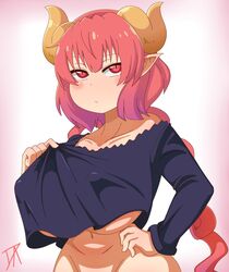 1girls bottomless breasts covered_breasts covered_nipples dalley_le_alpha dragon_girl dragon_horns female frown gradient gradient_hair hand_on_hip horns ilulu_(dragon_maid) large_breasts long_hair looking_at_viewer low_twintails miss_kobayashi's_dragon_maid off_shoulder purple_hair red_eyes red_hair shirt_lift slit_pupils solo twintails two_tone_hair underboob unhappy very_long_hair very_long_hair_female