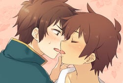 2boys blush closed_eyes kinu_(le) kissing kono_subarashii_sekai_ni_shukufuku_wo! male satou_kazuma selfcest yaoi