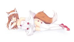 1girls bangs blush brown_eyes brown_fur choker clothing cute_fang dress dress_lift female female_only full_body garter_straps gloves headwear holo kemonomimi long_gloves long_hair looking_at_viewer nabunabu on_side orange_fur orange_hair panties red_eyes rose_(flower) roses small_breasts solo spice_and_wolf stockings tail thighhighs wedding_dress white_gloves white_legwear white_skin white_thighhighs wolf_ears wolf_girl wolf_tail