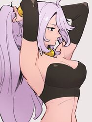 android_21 android_21_(good) armpits arms_up breasts cleavage dragon_ball dragon_ball_fighterz kemachiku large_breasts long_hair majin_android_21 monster_girl tagme tubetop