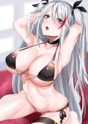 1girls 2020 armpits arms_behind_head azur_lane bangs bikini black_bikini black_choker black_ribbon blush breasts brown_eyes choker cleavage collarbone commentary_request covered_nipples eyebrows_visible_through_hair female female female_focus female_only flag_print german_flag_bikini hair_between_eyes hair_ribbon highres keishi_surota large_breasts long_hair looking_at_viewer multicolored_hair navel open_mouth prinz_eugen_(azur_lane) prinz_eugen_(unfading_smile)_(azur_lane) red_hair ribbon shiny shiny_skin side-tie_bikini silver_hair sitting solo solo_female solo_focus streaked_hair swept_bangs swimsuit thigh_strap two_side_up very_long_hair