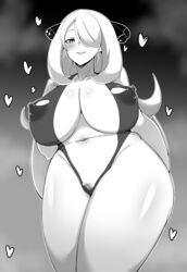 1girls alternate_breast_size big_breasts bikini breasts cynthia_(pokemon) female greyscale huge_breasts metatron08 monochrome nintendo pokemon pokemon_dppt standing thick_thighs thighs wide_hips