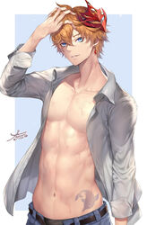 1boy 2021 abs arm_up artist_name belt black_boxers blue_background blue_eyes boxers_(clothing) boxers_peek childe_(genshin_impact) earrings eyebrows_visible_through_hair fit genshin_impact hand_in_hair head_tilt highres hip_tattoo jewelry looking_at_viewer male male_only mask mask_on_head muscles nasaniliu navel open_clothes open_fly open_shirt orange_hair pants pecs seductive shirt short_hair signature smile solo standing sweat tartaglia_(genshin_impact) tassel tassel_earrings tattoo teeth toned toned_male underwear white_background white_border