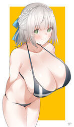 1girls ahoge arms_behind_back bare_legs bikini black_bikini blush braid breasts c@rbon cleavage closed_mouth collarbone commentary cowboy_shot crown_braid eyebrows_visible_through_hair female female_focus female_only green_eyes highres hololive hololive_fantasy hololive_japan huge_breasts large_breasts looking_at_viewer midriff mole mole_on_breast navel orange_background shirogane_noel short_hair silver_hair simple_background smile solo solo_female solo_focus swimsuit thighs virtual_youtuber