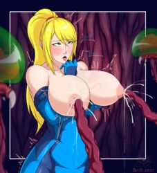 after_sex ahe_gao big_breasts blonde_hair breasts breasts_out consensual_tentacles cum_in_nipples green_eyes heart-shaped_pupils heart_eyes metroid metroid_(creature) niplfkker nipple_fuck nipple_fucking nipple_penetration ponytail samus_aran tentacle tentacle_sex text tongue_out zero_suit zero_suit_samus