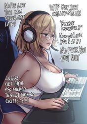 1girls big_breasts breast_on_table breasts cleavage female female_only gamer_girl gaming large_breasts short_hair solo text tinnies