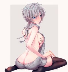 anastasia_(idolmaster) aqua_eyes ass_cleavage bare_back bare_shoulders black_legwear blush breasts butt_crack closed_mouth eyebrows eyebrows_visible_through_hair eyelashes eyelashes_visible_through_hair female female_only grey_background grey_sweater hair_between_eyes idolmaster idolmaster_cinderella_girls looking_at_viewer looking_back_at_viewer rum_raisin_(chihiromakita19) short_hair sideboob silver_hair simple_background virgin_killer_sweater white_background white_border