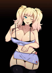 1girls barely_clothed blonde_hair blue_eyes cleavage cleft_of_venus cross_necklace female female_focus female_only garter_belt gyaru highlights jk_bitch_ni_shiboraretai leggings partially_clothed peace_sign pulling_bra short_skirt small_shirt sole_female solo_female thick_thighs thighhighs thong tongue tongue_out wink winking winking_at_viewer wristband yariko