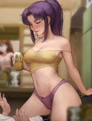 1boy 2girls adult_and_teenager age_difference alcohol asuka_langley_sohryu bedroom_eyes beer blush breasts can caught cleavage clothing cocktease cowgirl_position dominant_female drunk female girlfriend kittew large_breasts lip_bite lip_biting lipbite misato_katsuragi neon_genesis_evangelion older_female older_woman_and_teenage_boy pale-skinned_female pale-skinned_male pale_skin panties pink_panties purple_hair purple_panties realistic shinji_ikari solo_focus straddling tank_top tease teenage_boy teenager thick_thighs walk-in wet yellow_clothing young younger_male